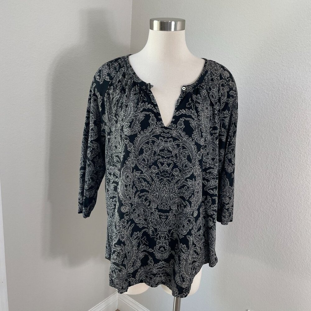 Lucky Brand Womens Large Paisley Print 3/4 Sleeve Blouse Long Sleeve Shirt‎ Top